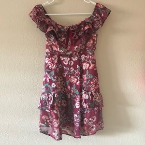 NWOT For Love & Lemons Flora Off Shoulder Mini Dress in red floral